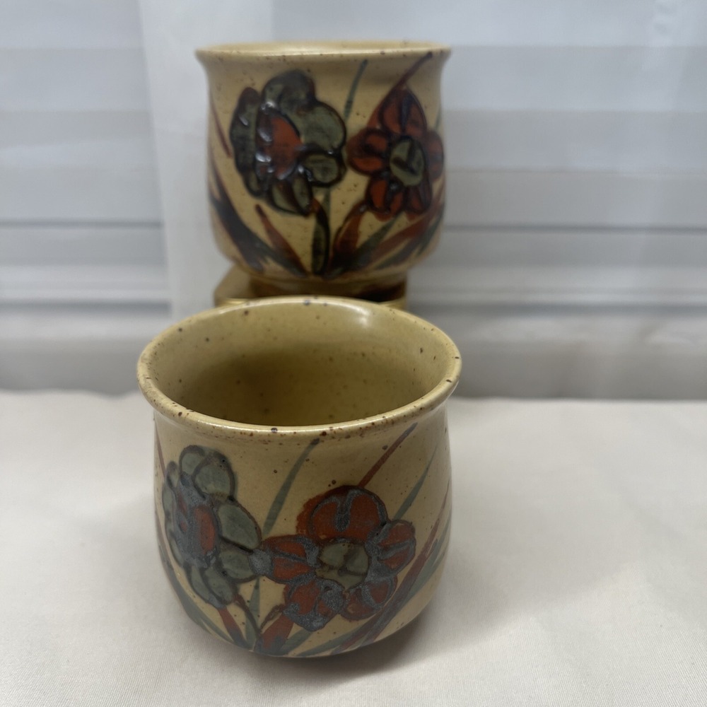 Vintage Japan Stoneware Mugs QTY 2 Light Tan with Orange Flower